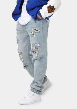 Saint Morta Nomad Plaid Rip & Repair Denim Jeans - Light Blue Wash